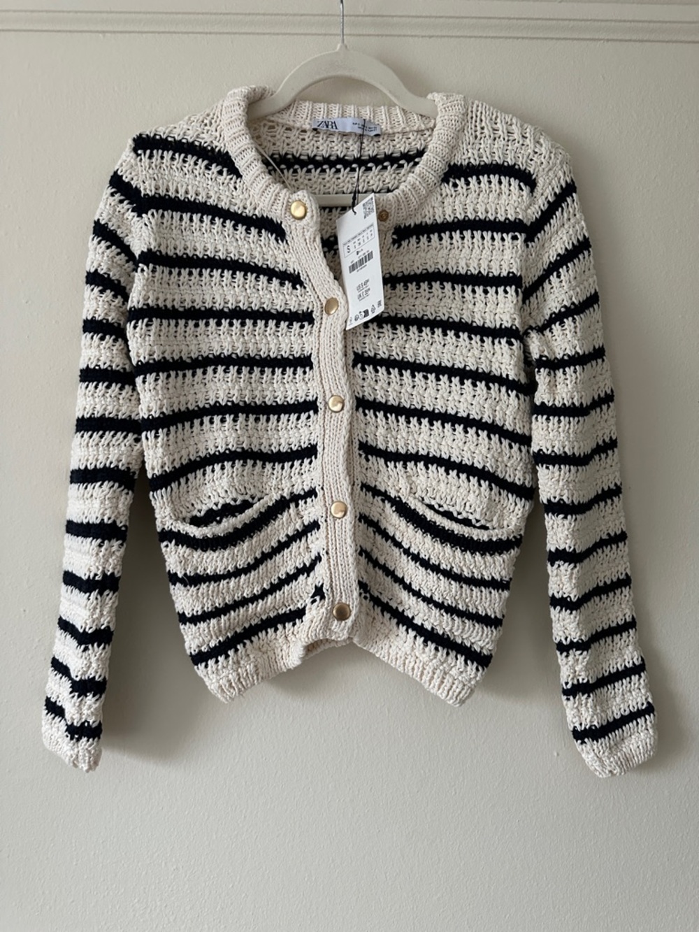 Zara Black and Cream Striped Button-Up Cardigan